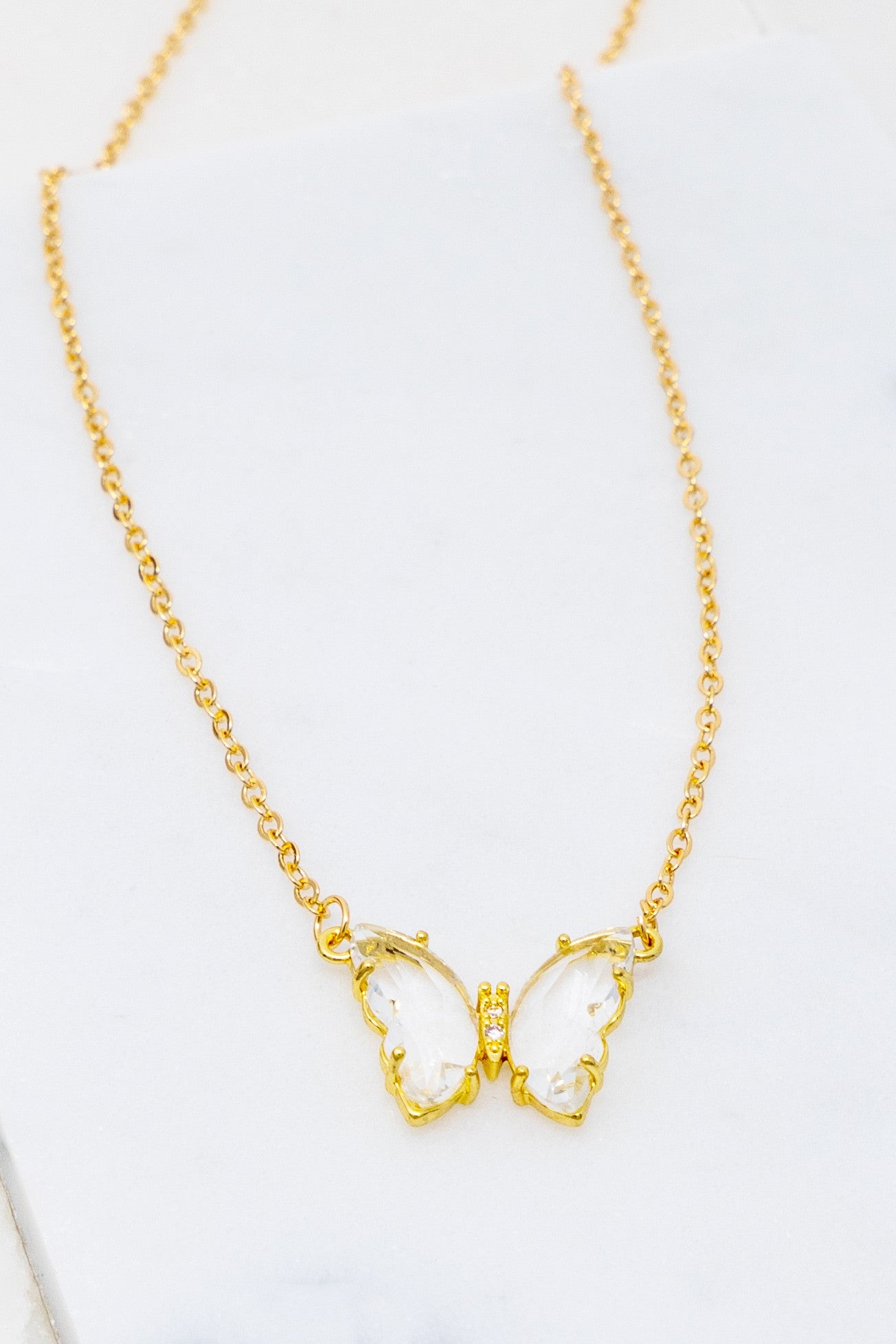 Gem Stone Butterfly Necklace - Clear