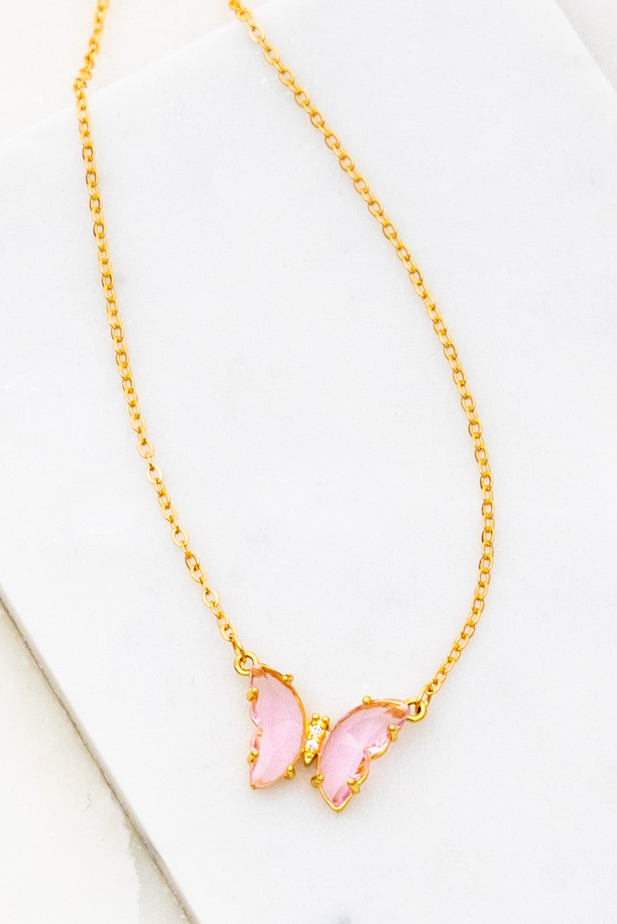 Gem Stone Butterfly Necklace - Pink