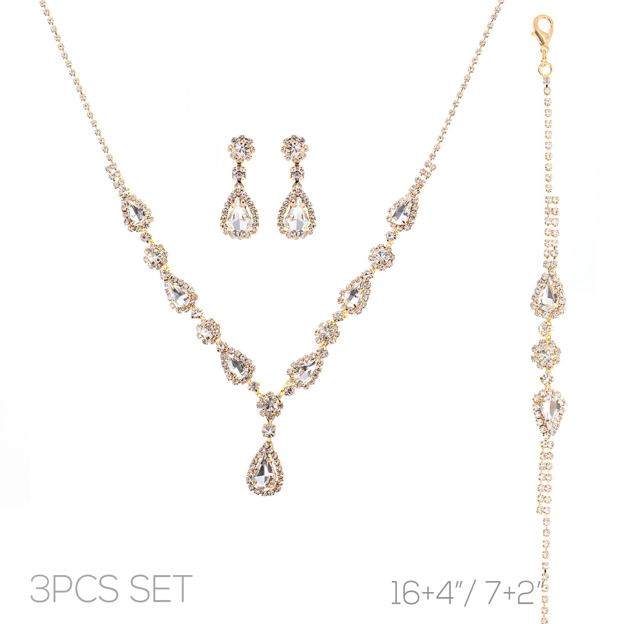 Rhinestone Teardrop Necklace Set - Gold