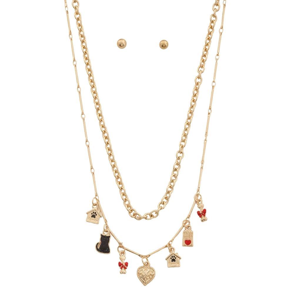 Cat Multi Charm Layered Necklace