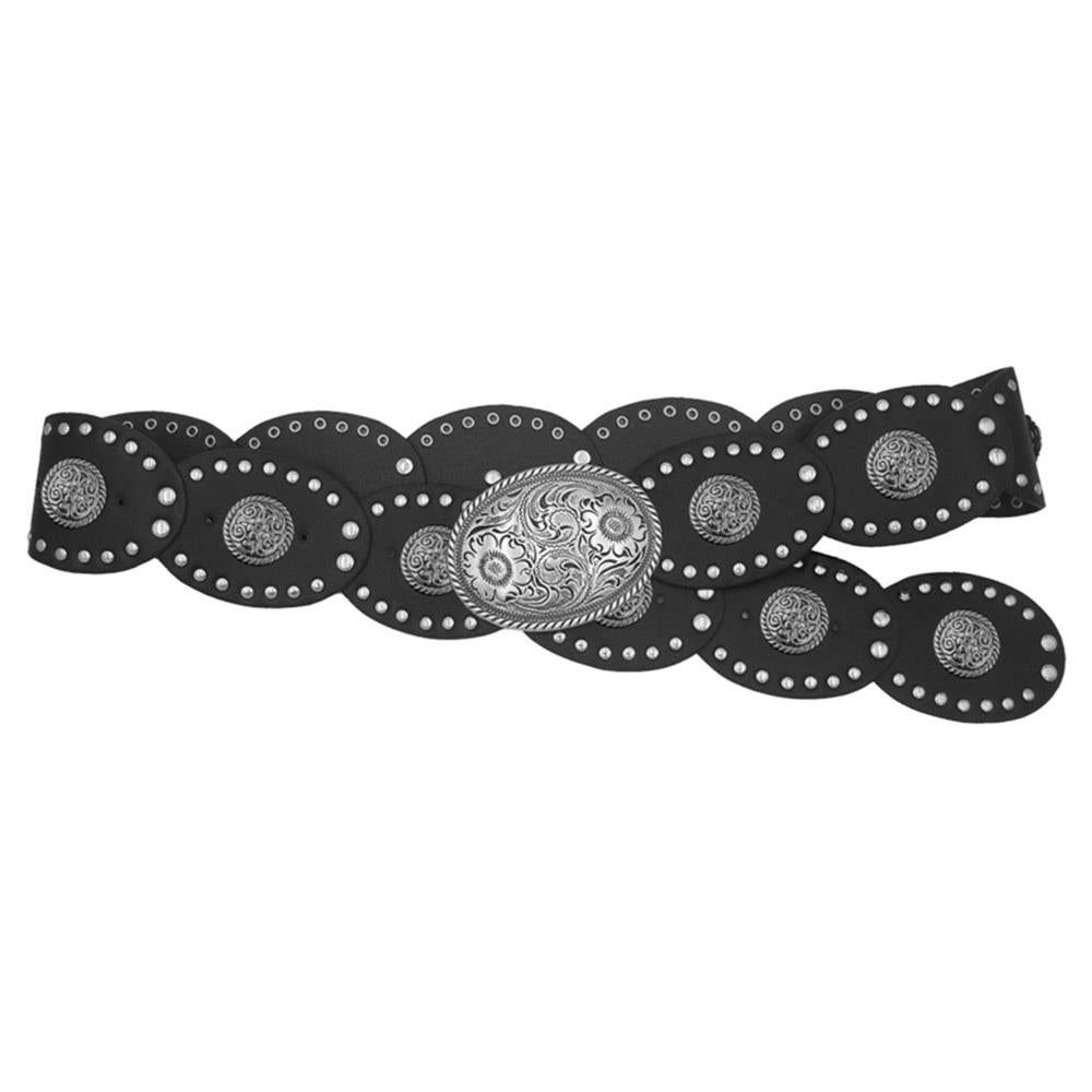 Oval Disk Floral Accent Belt - Black
