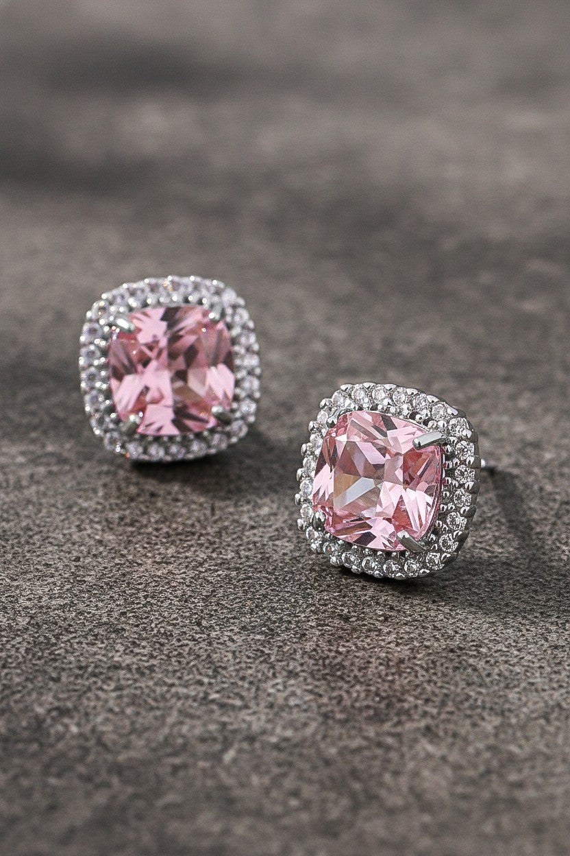 Rhinestone Stud Earrings - Pink/Silver