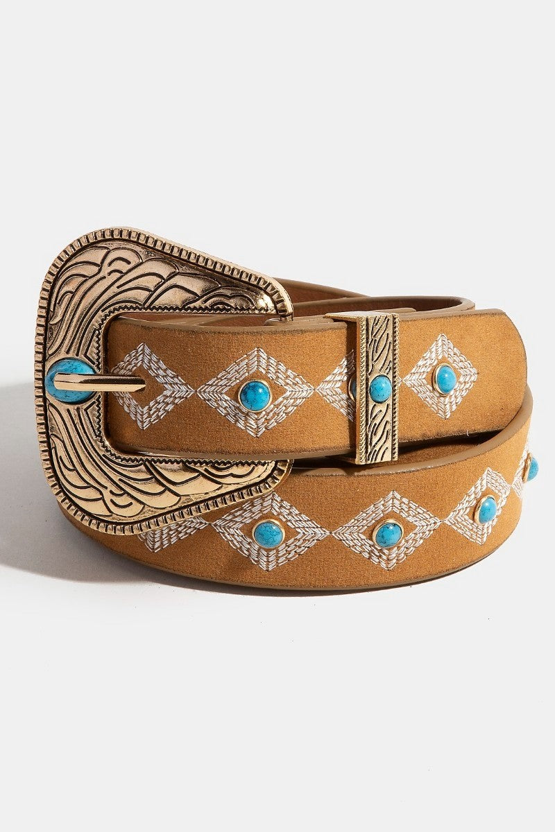 Turquoise Studs Buckle Belt - Gold/Brown