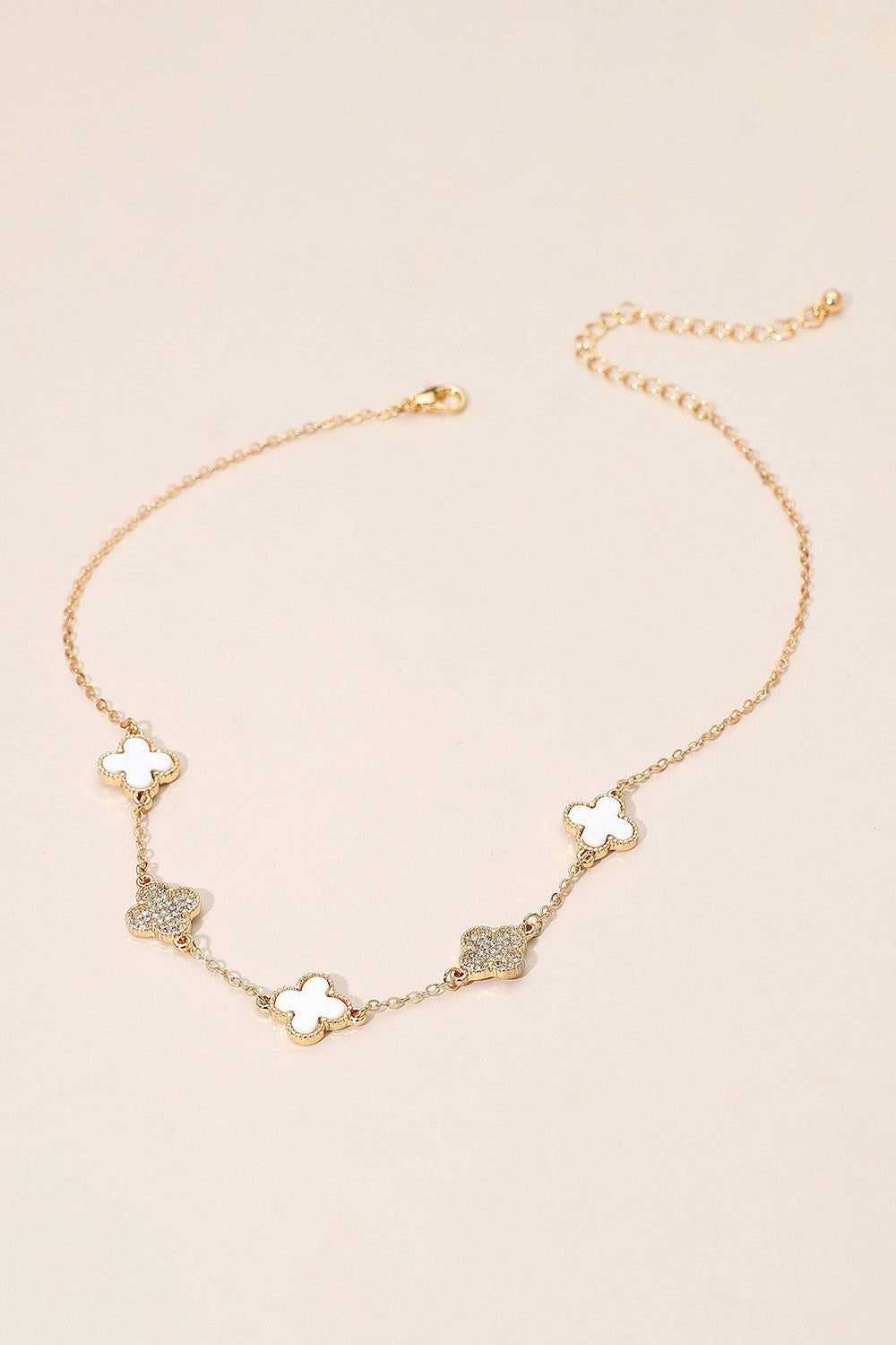 Clover Rhinestone Link Necklace - Gd/Wh