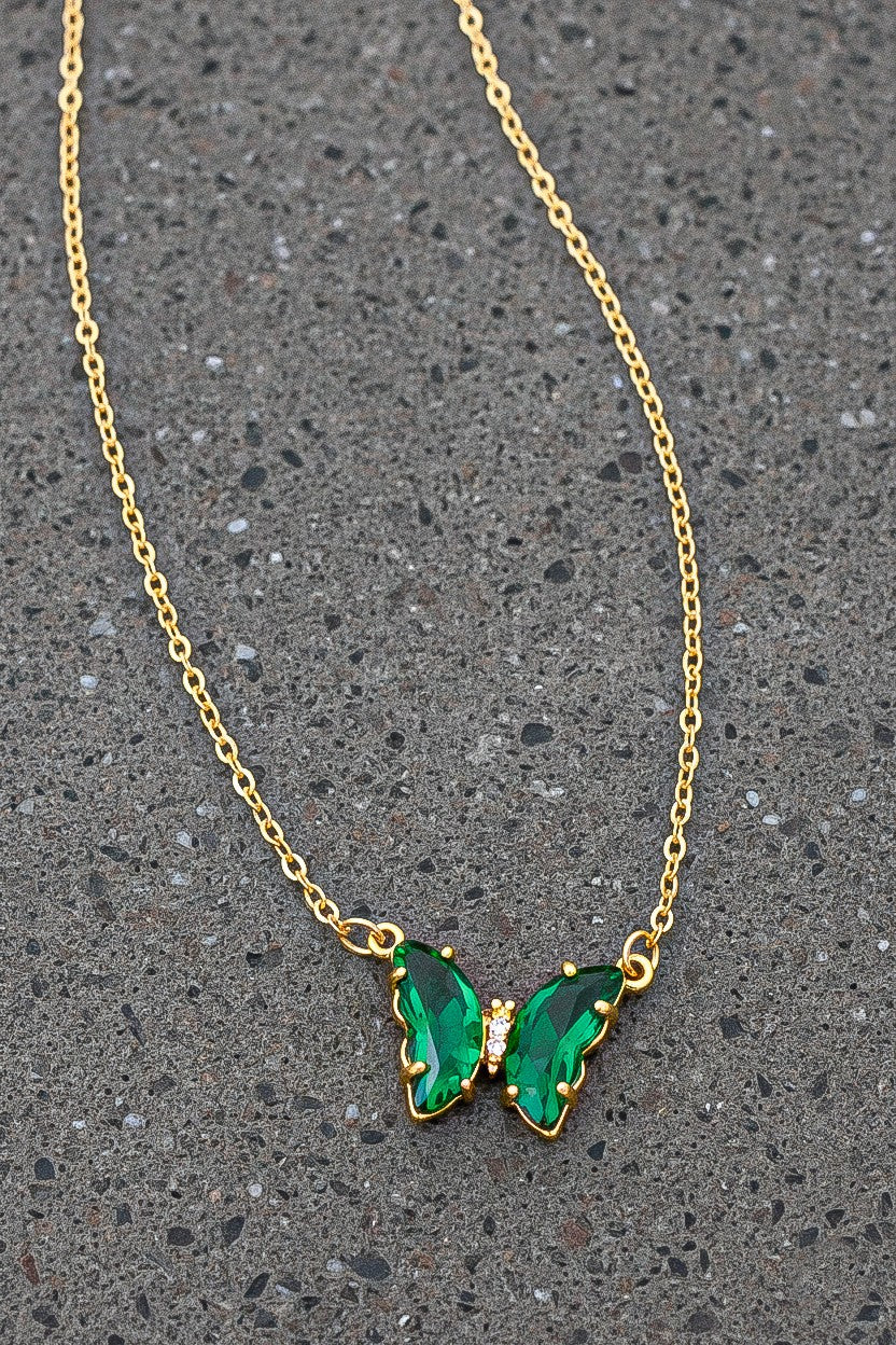 Gem Stone Butterfly Necklace - Green