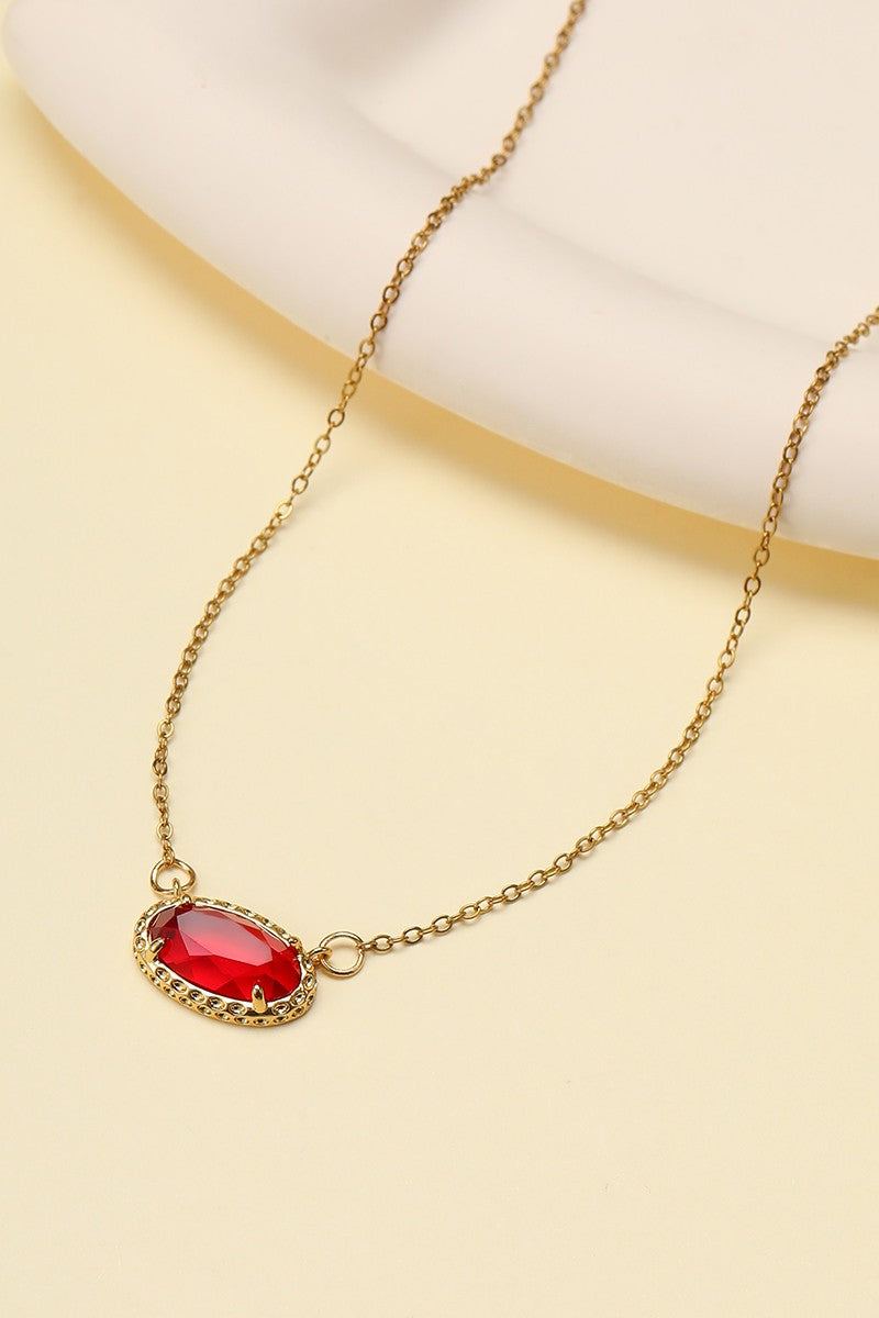 Oval Gem Charm Pendant Necklace- Ruby
