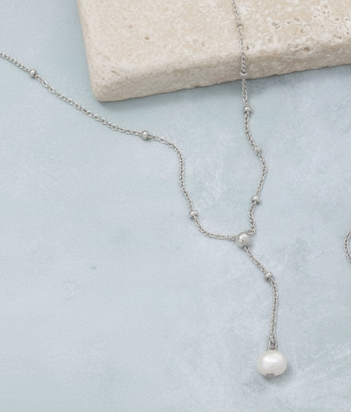 Pearl Lariat Chain Necklace - Silver