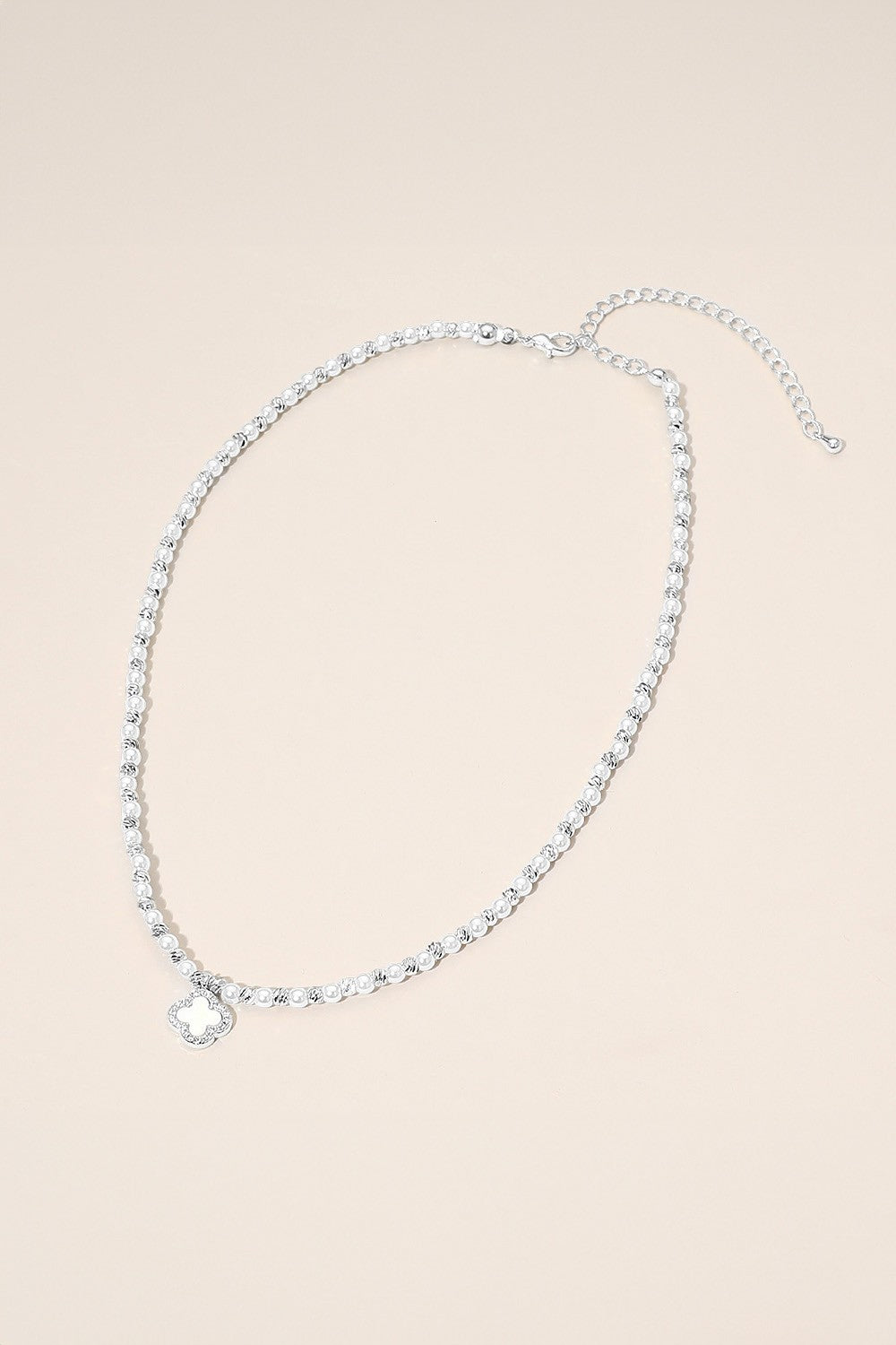 Clover Charm Beaded Necklace -Silver