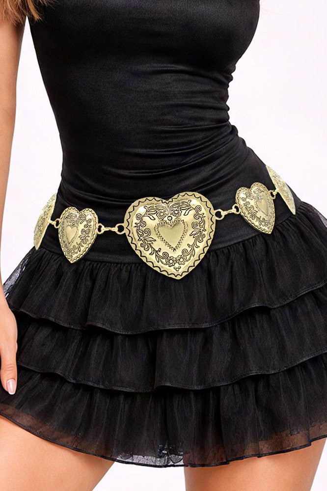 Engraved Heart Link Waist Chain Belt - Gold
