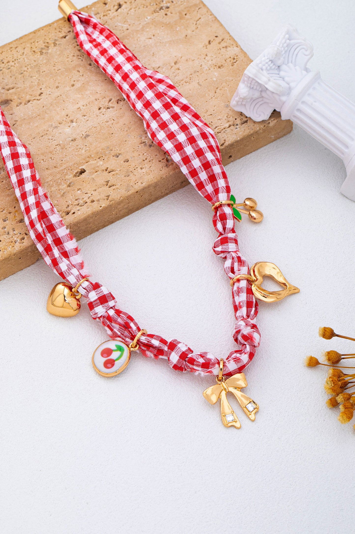 Red Gingham Scarf Charm Necklace