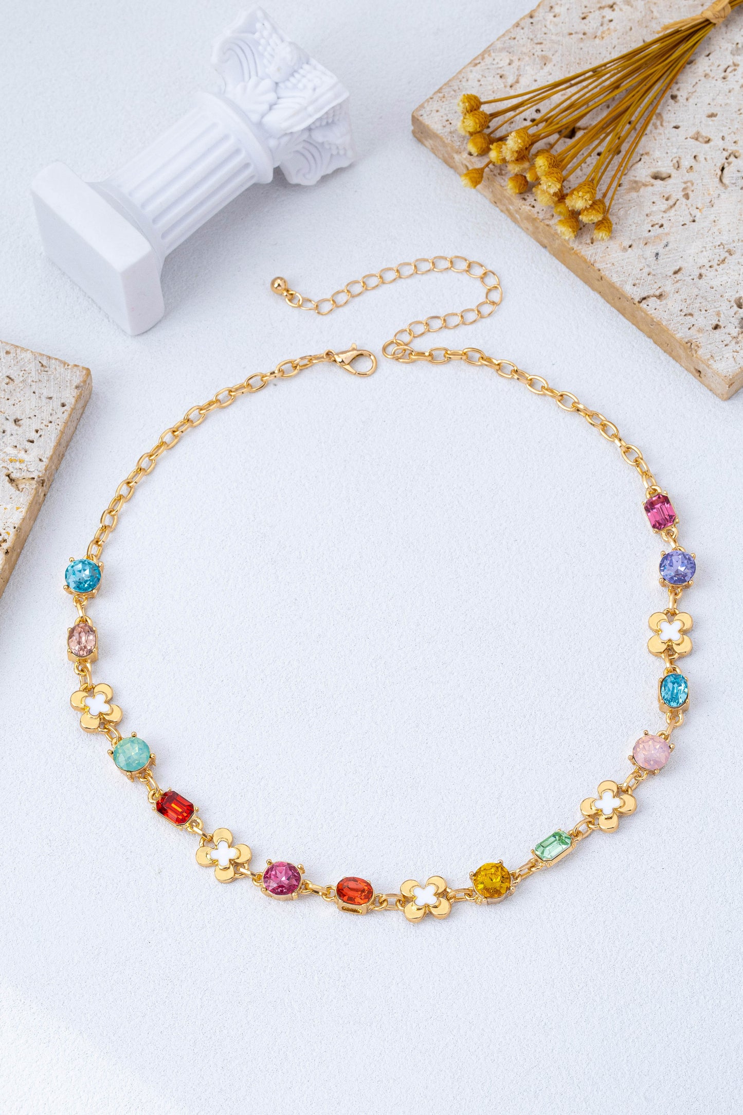Multi Color Gemstone Station Necklace