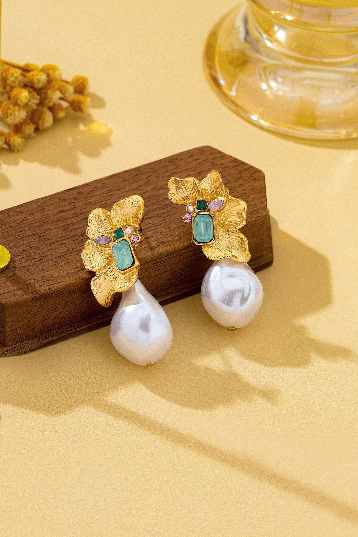 Gold Floral & Pearl Dangle Earrings