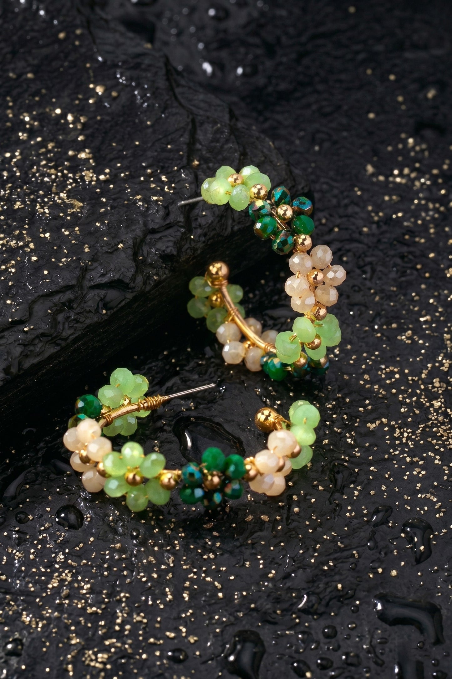 Glass Bead Flower Hoop Earrings - Green