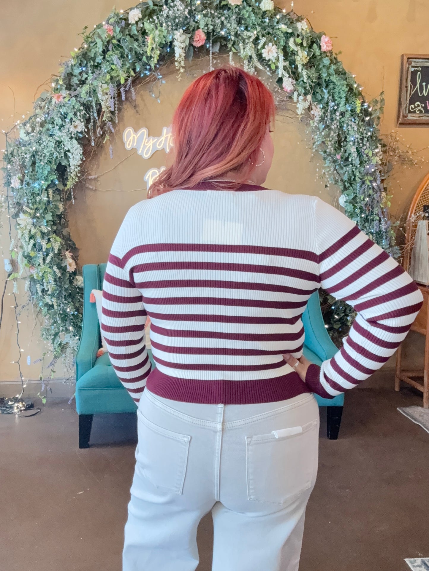 Casual Charm Cardigan - Ivory/Burgundy