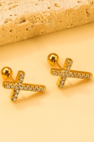 Rhinestone Cross Stud Earrings - Gold