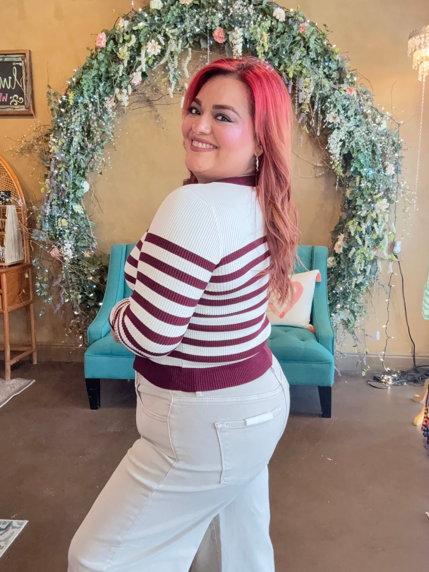 Casual Charm Cardigan - Ivory/Burgundy