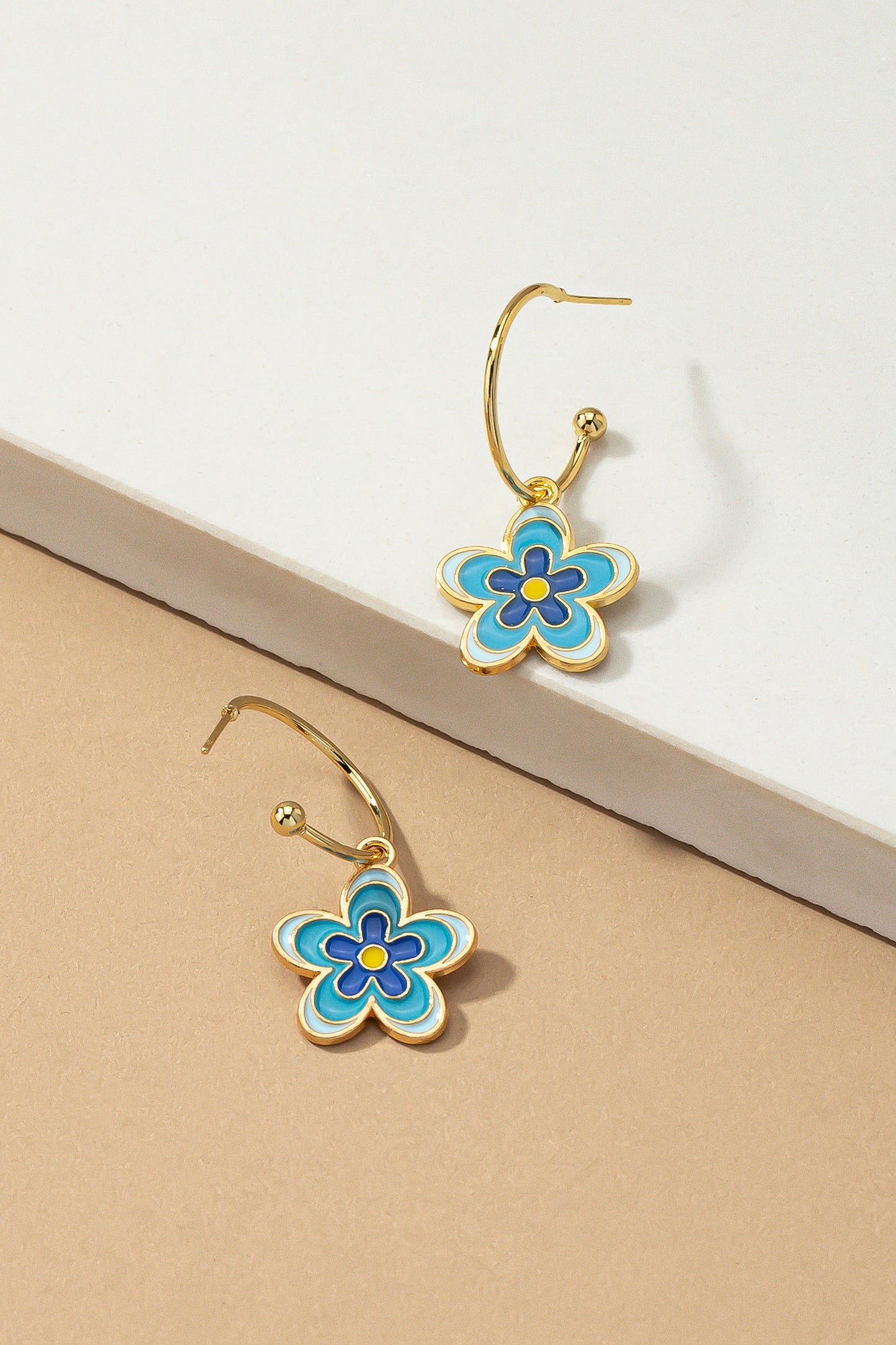 Flower Dangling Hoop Earrings - Blue
