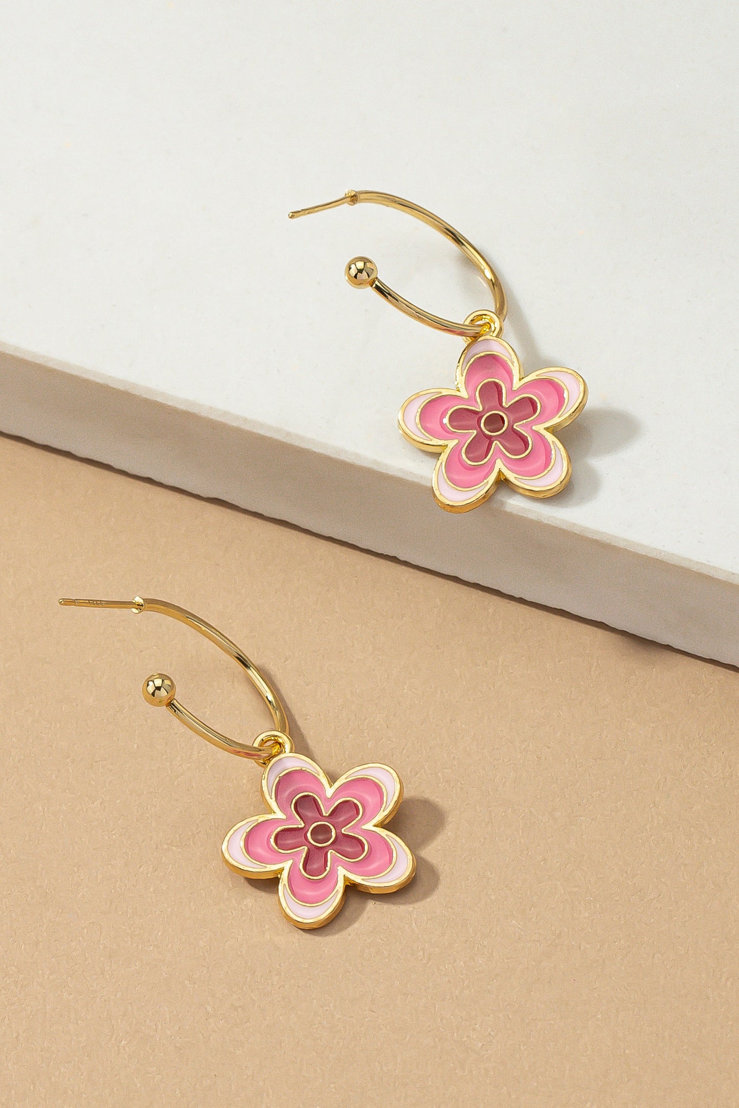 Flower Dangling Hoop Earrings - Pink