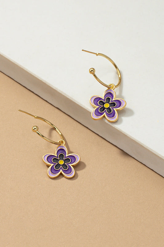 Flower Dangling Hoop Earrings - Lavender
