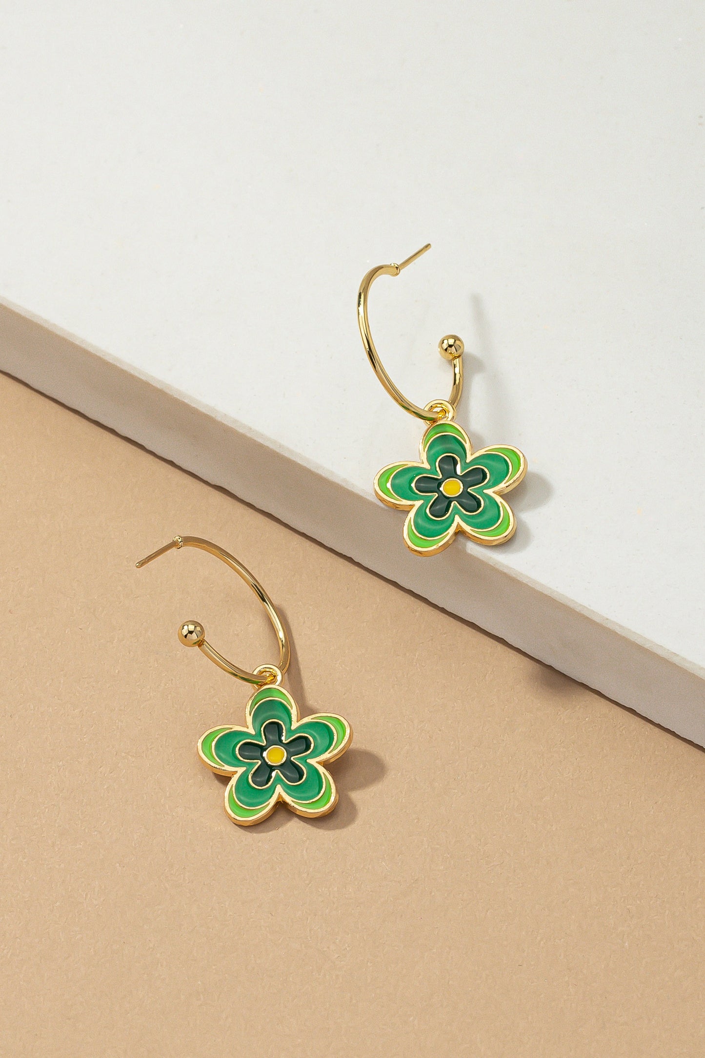 Flower Dangling Hoop Earrings - Green