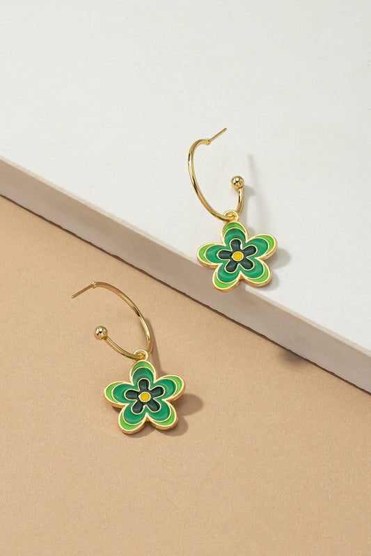 Flower Dangling Hoop Earrings - Green