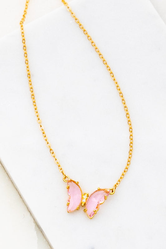 Gem Stone Butterfly Necklace - Pink
