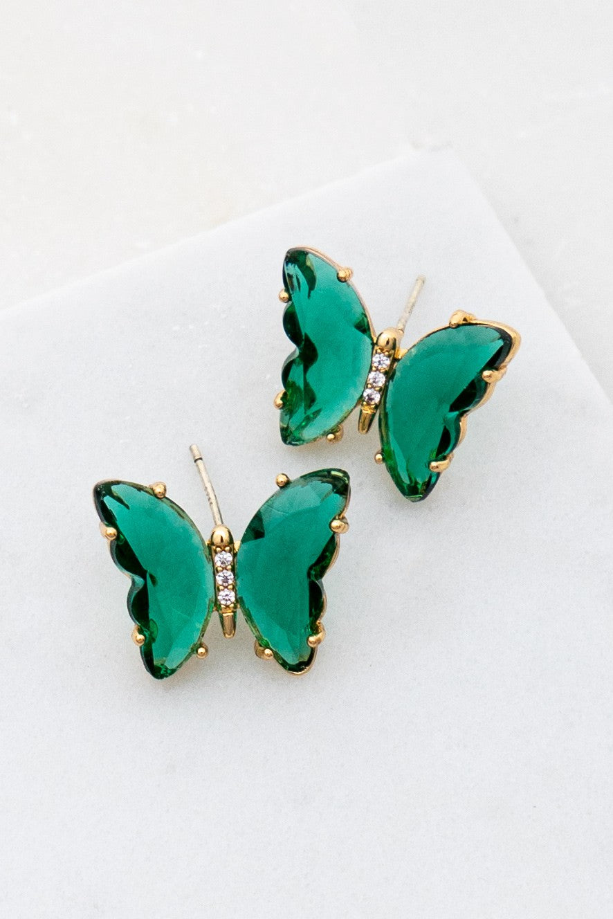 Gem Stone Butterfly Earrings - Green