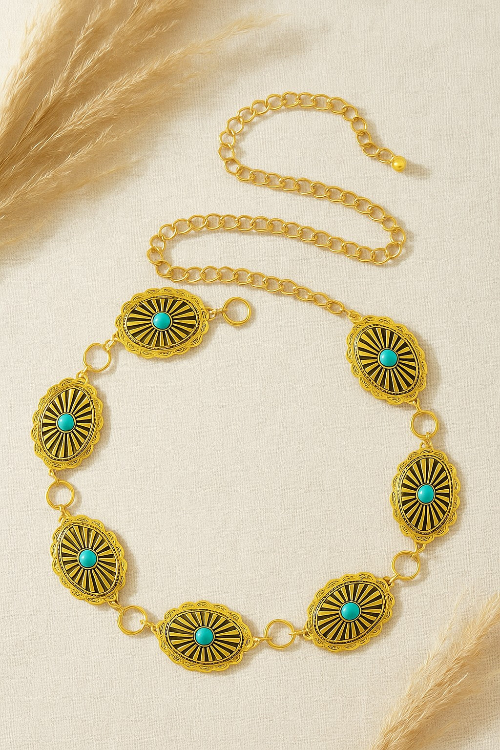 Oval Shape w/Turquoise Chain Belt - Gold