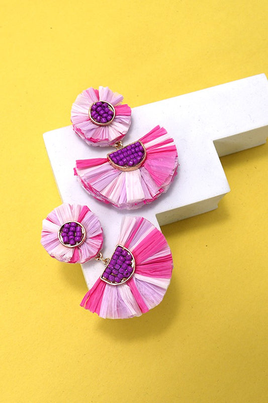 Fan Shape Beaded Earrings - Pink