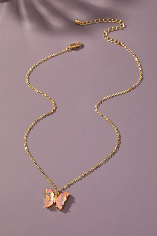Gem Stone Butterfly Necklace - Coral