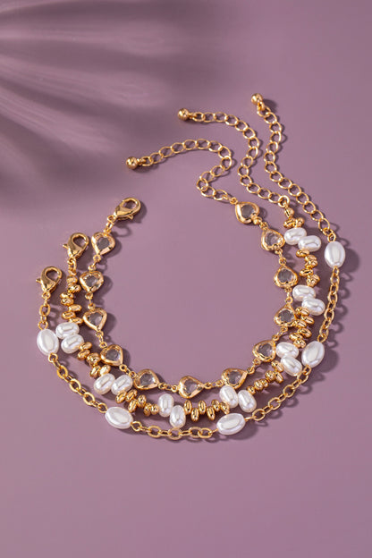 Heart & Pearl Mixed Chain Bracelet Set