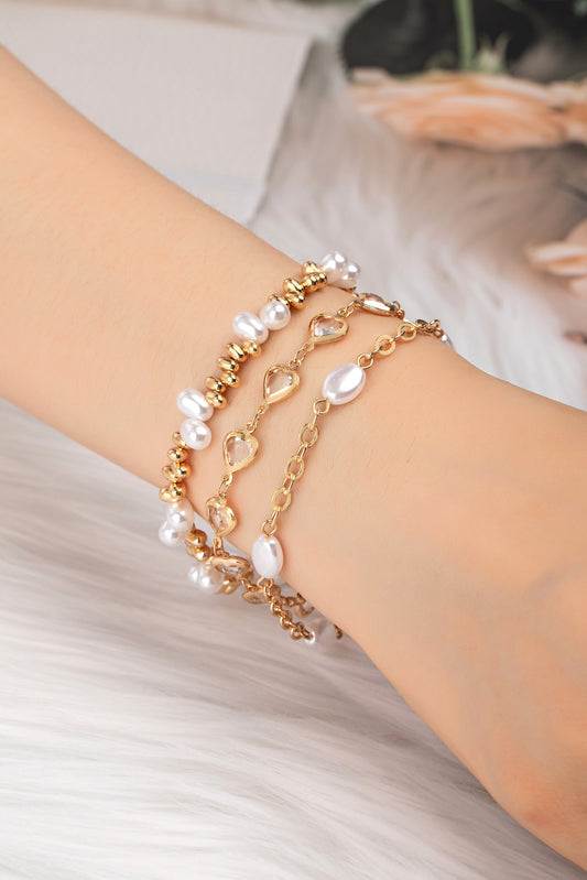 Heart & Pearl Mixed Chain Bracelet Set