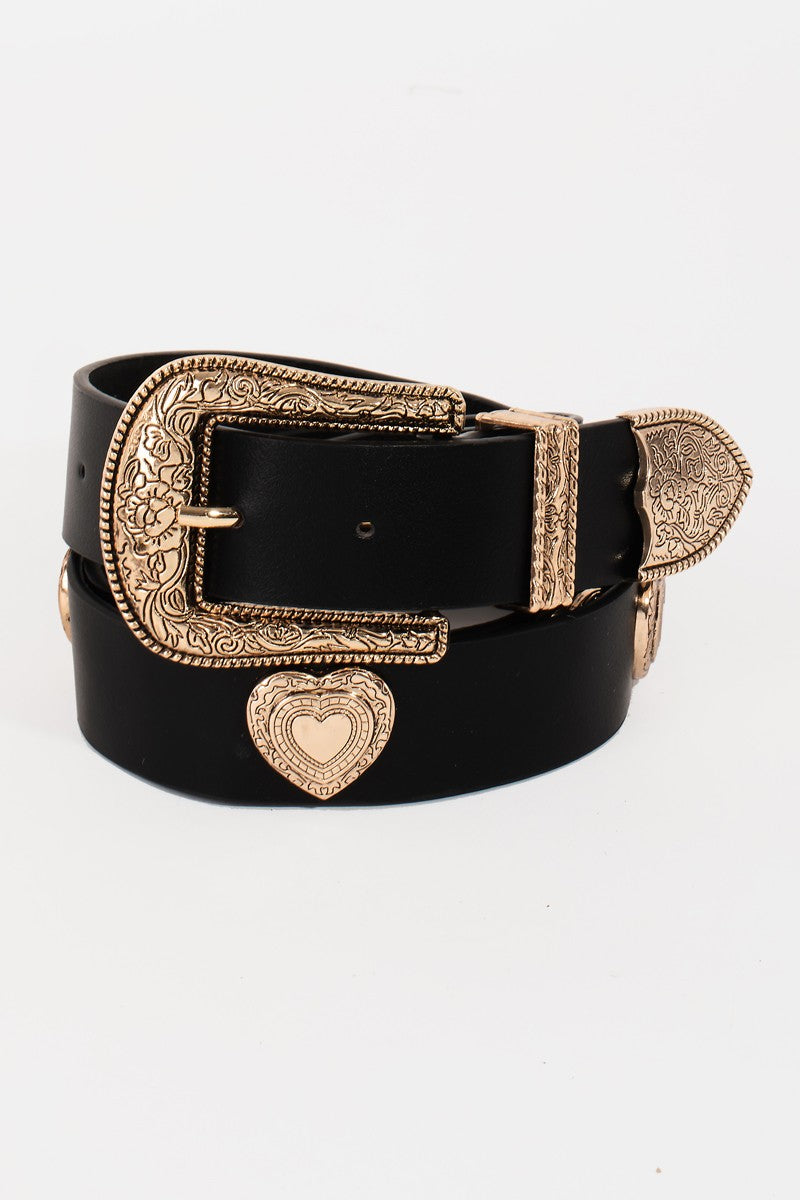 Western Etched Heart Belt - Gold/Black