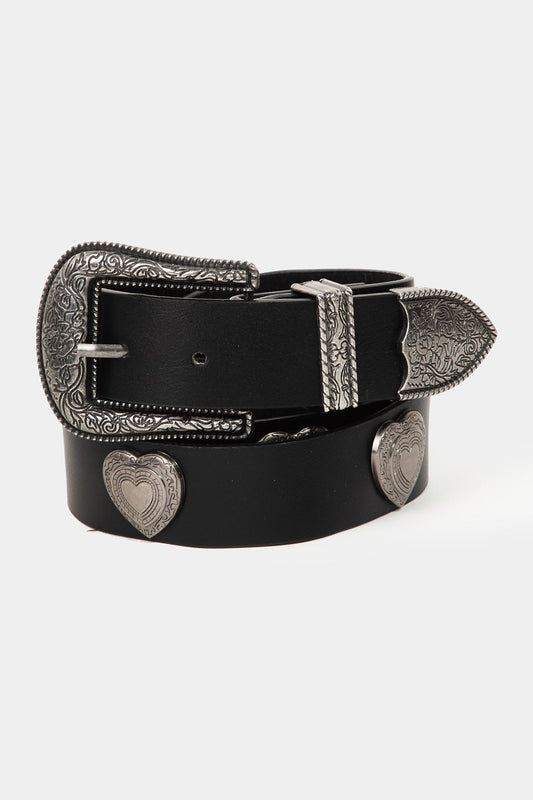 Western Etched Heart Belt - Silver/Black