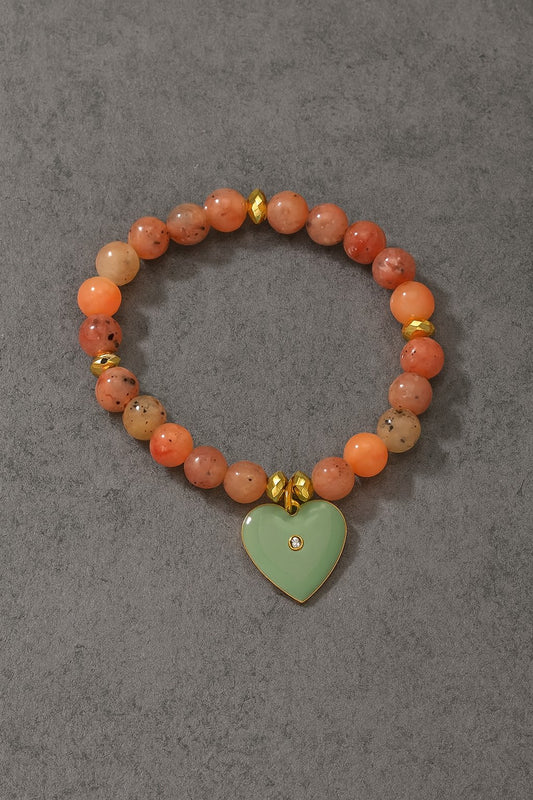 Beaded w/Heart Charm Bracelet - Coral