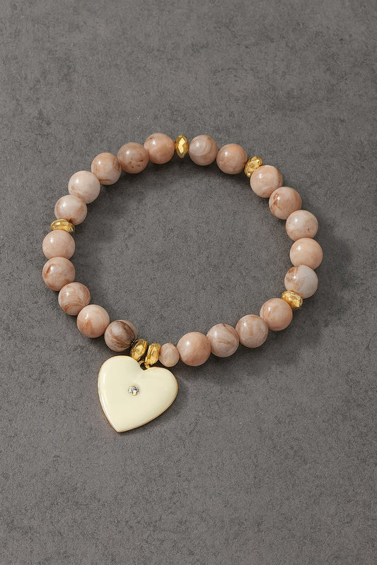 Beaded w/Heart Charm Bracelet - Beige