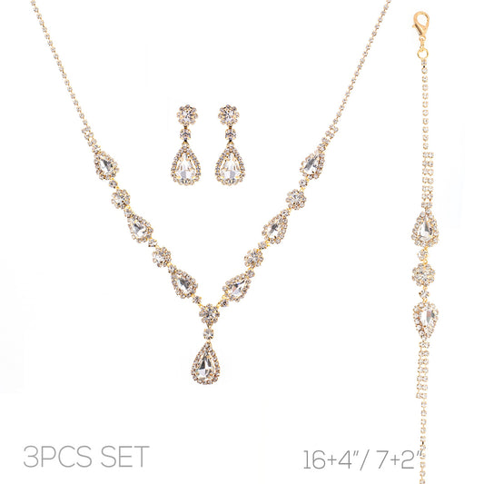 Rhinestone Teardrop Necklace Set - Gold