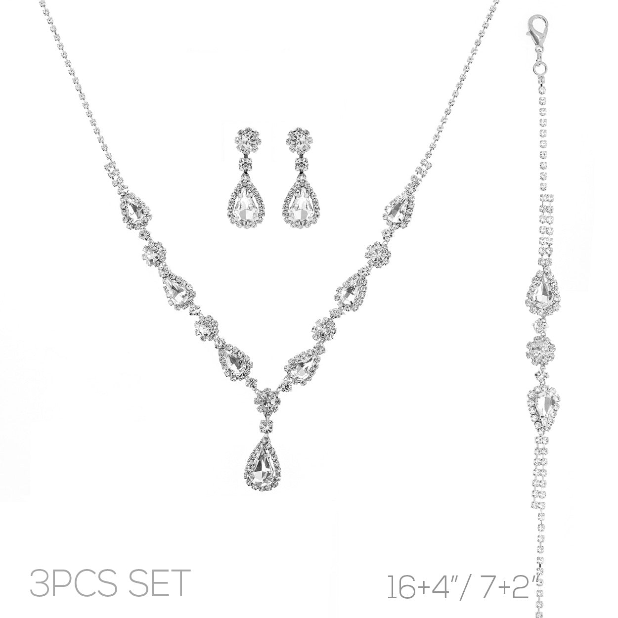 Rhinestone Teardrop Necklace Set - Silver