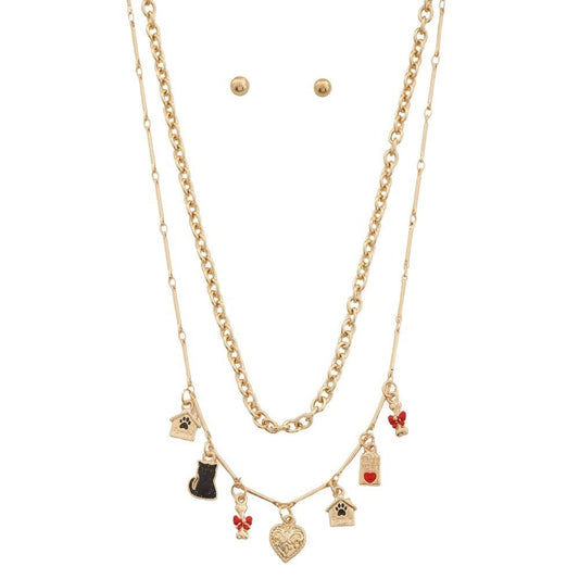 Cat Multi Charm Layered Necklace