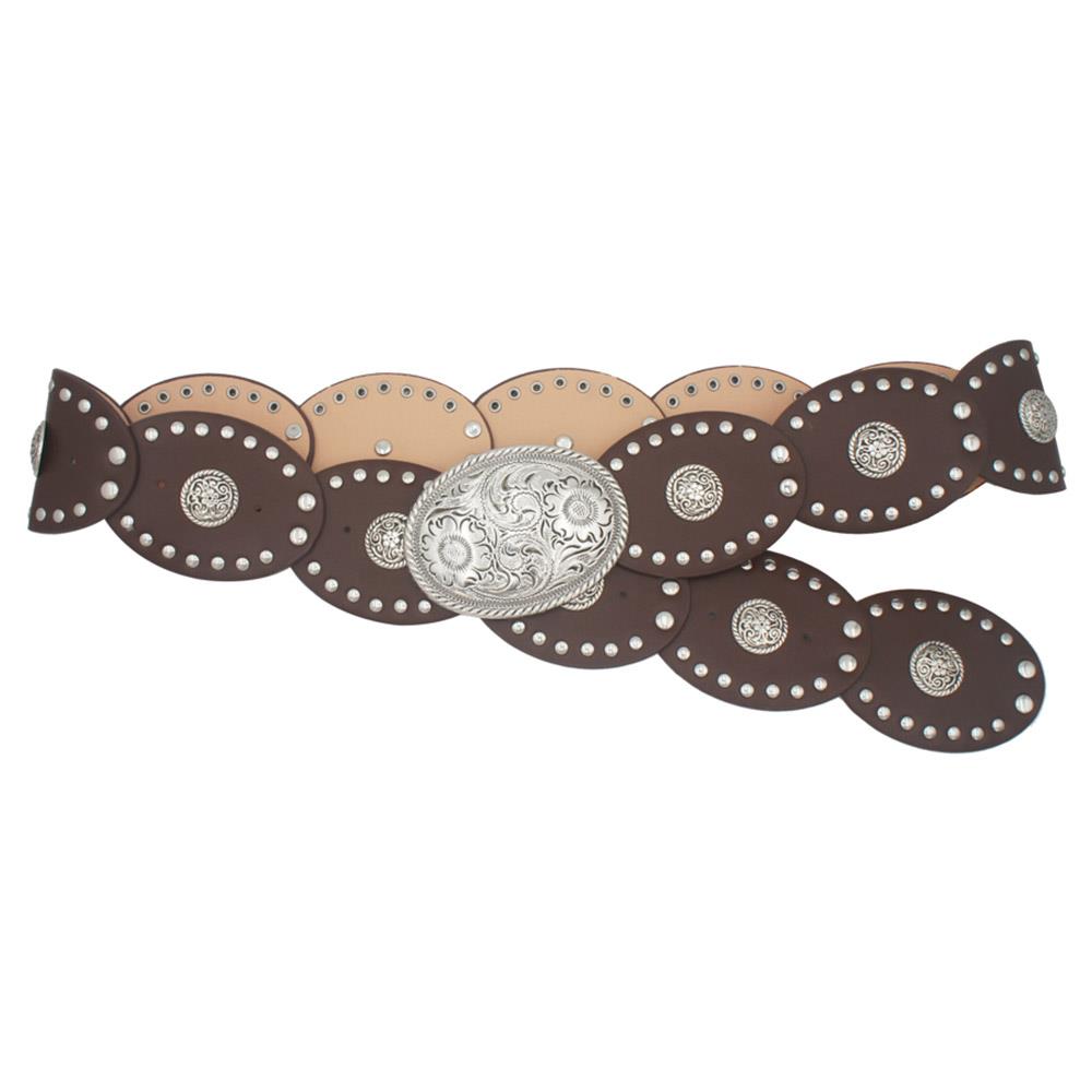 Oval Disk Floral Accent Belt - Brown