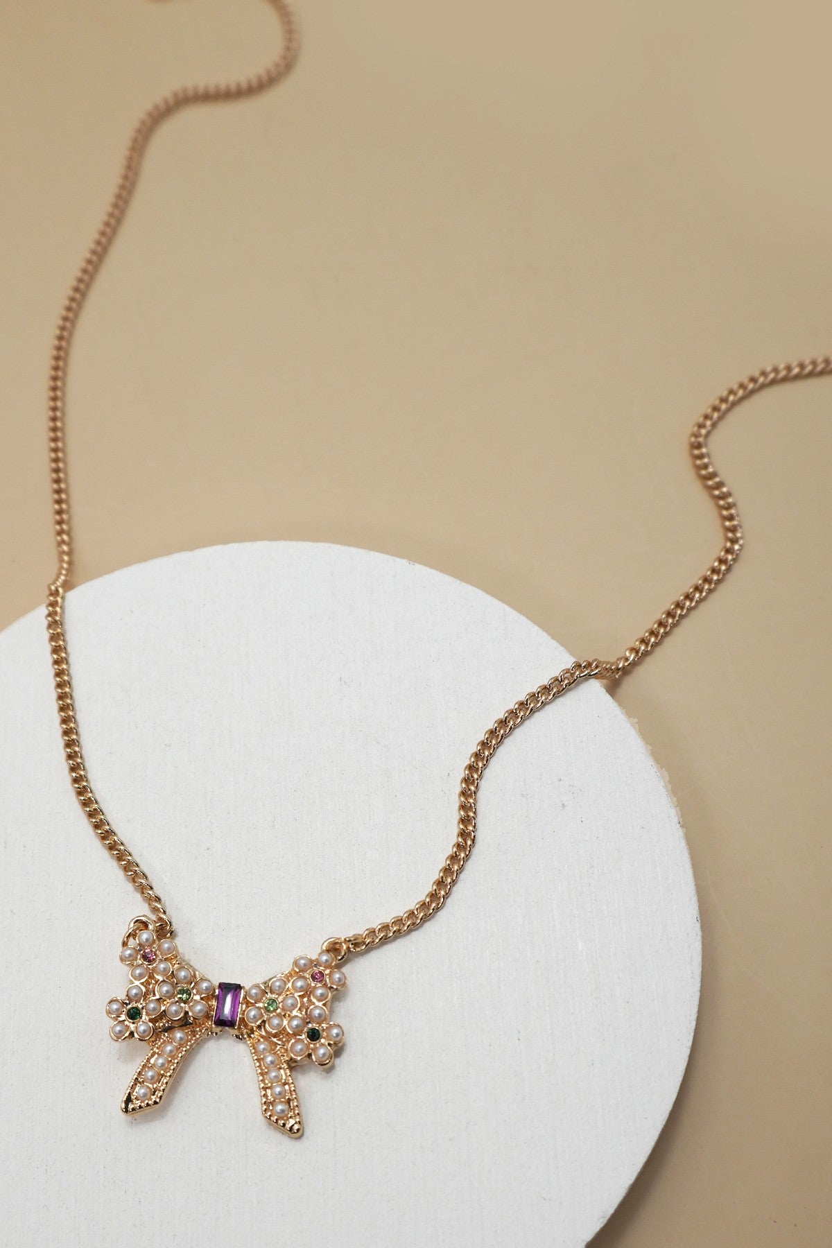 Pearl Rhinestone Bow Charm Necklace