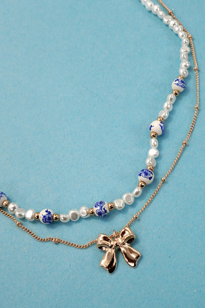 Porcelain Pearl Bow Layer Necklace