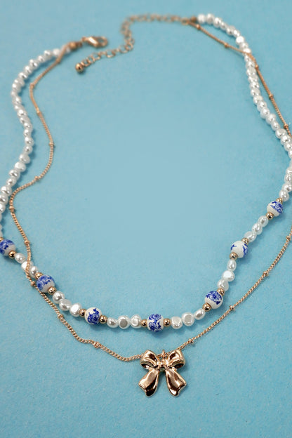 Porcelain Pearl Bow Layer Necklace