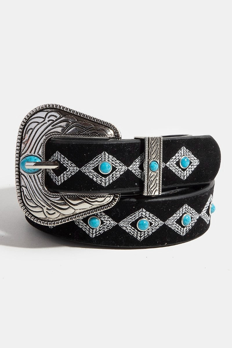 Turquoise Studs Buckle Belt - Silver/Black