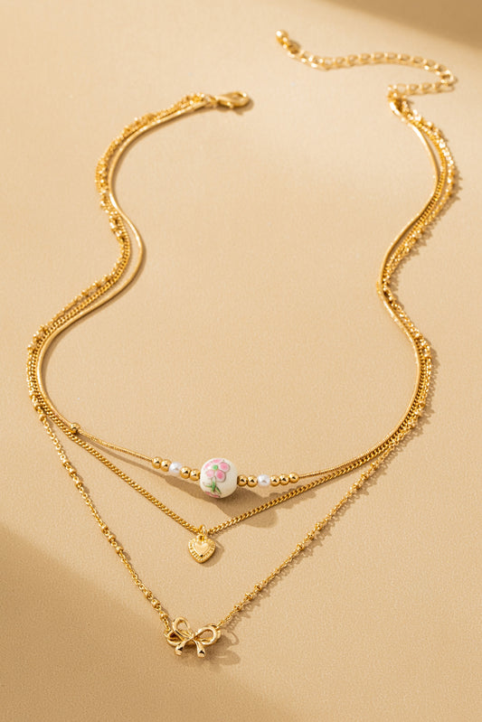 Bow, Heart, & Ceramic Layer Necklace