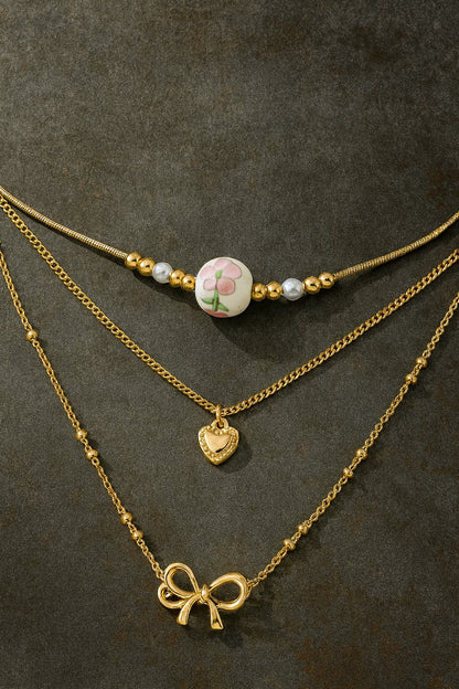 Bow, Heart, & Ceramic Layer Necklace