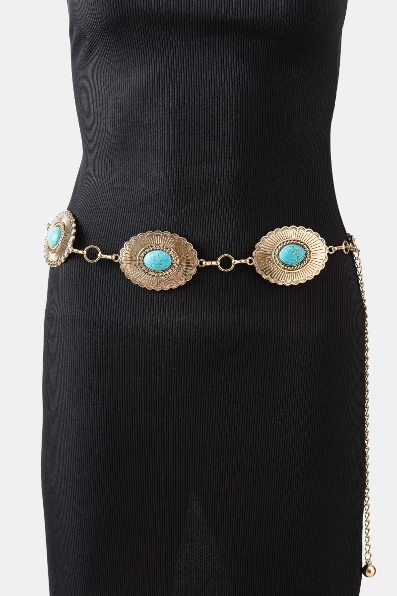 Western Oval Turquoise Chain Belt - Gold