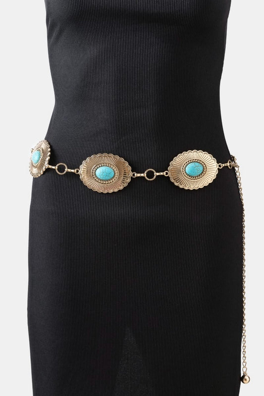 Western Oval Turquoise Chain Belt - Gold