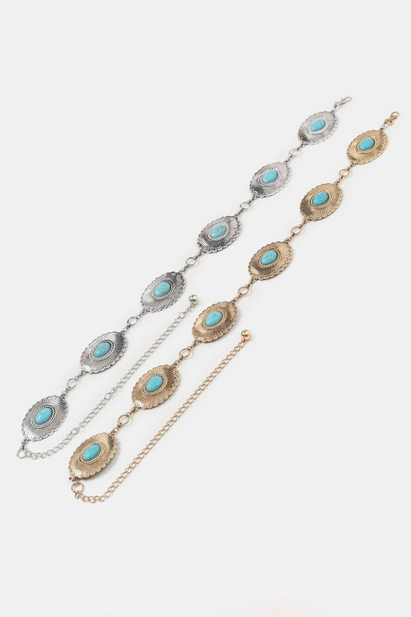 Western Oval Turquoise Chain Belt - Gold