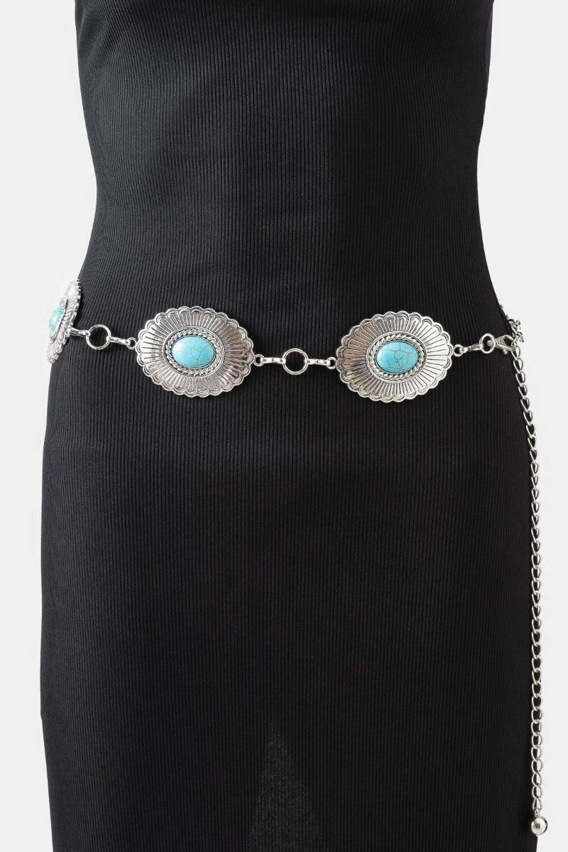Western Oval Turquoise Chain Belt - Silver